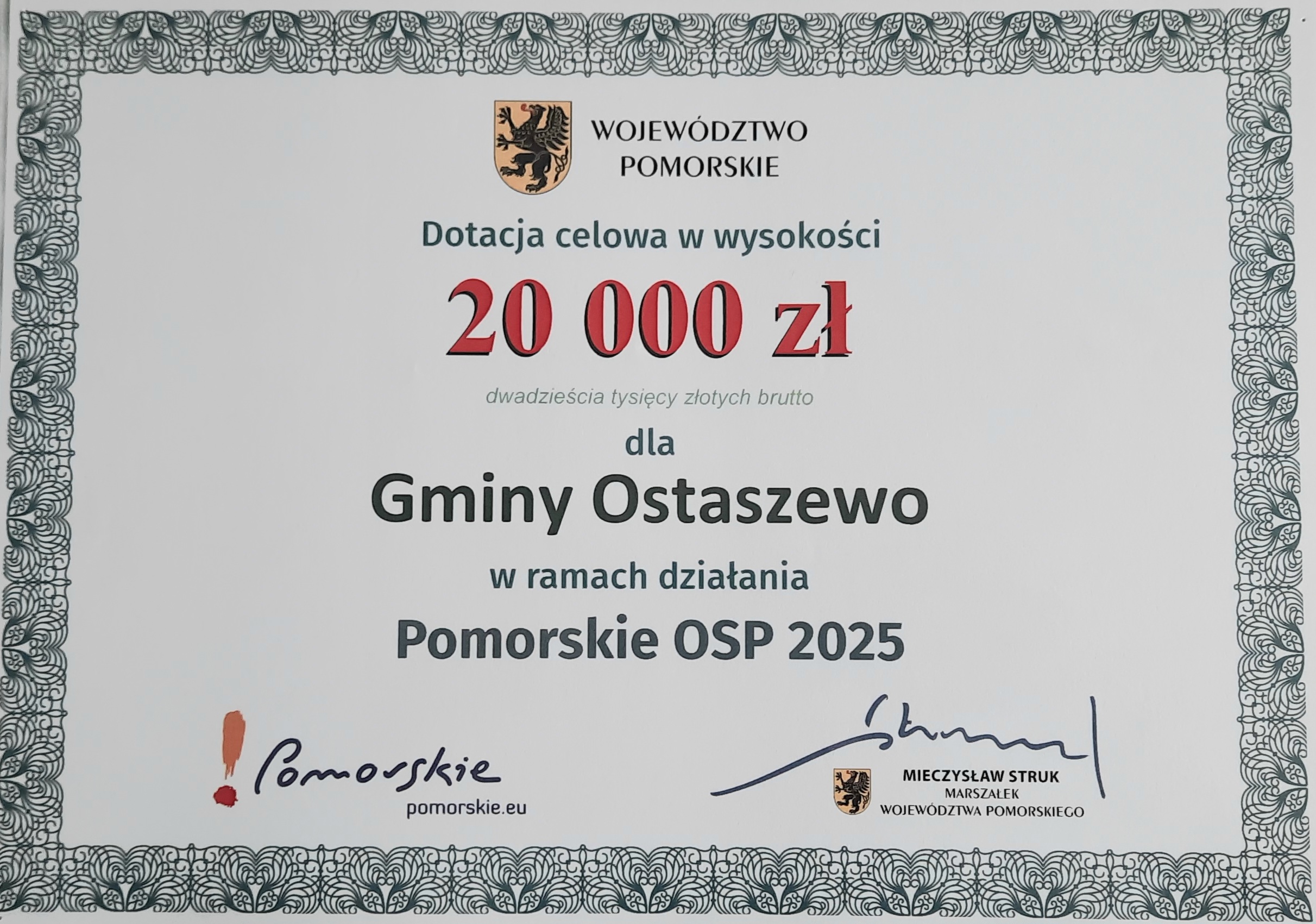 czek na 20 tysięcy dla Gminy Ostaszewo